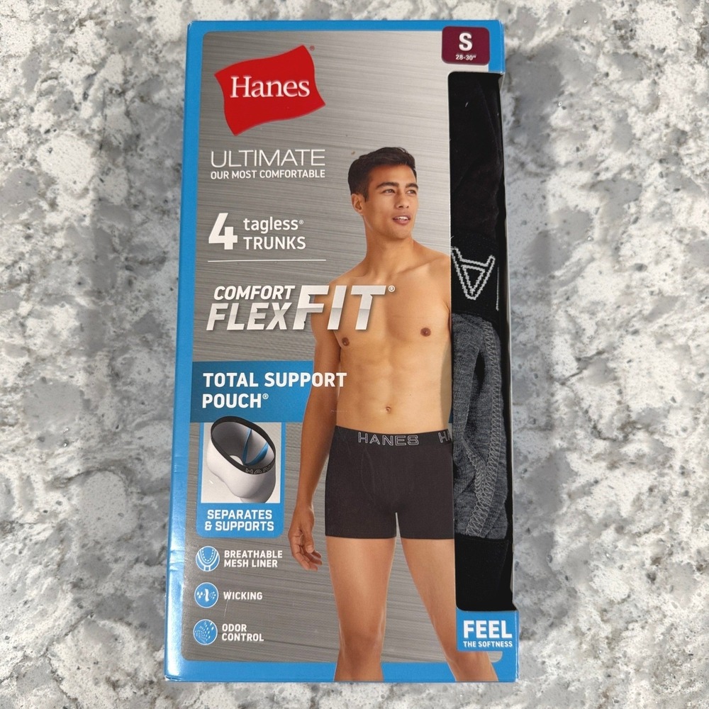 Hanes Trunks Mens 4Pk Total Support Pouch Comfort Flex Fit S Black Gray UFSTB4